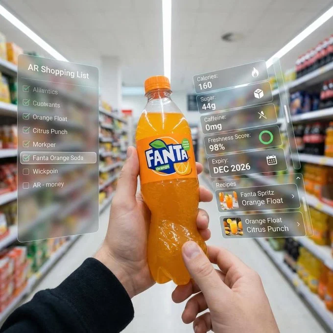 Interfaz de realidad mixta en primera persona en un luminoso pasillo de supermercado.