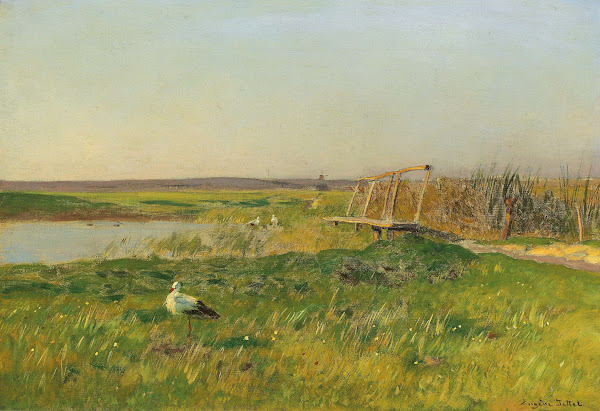 Frühlingslandschaft mit Störchen an einem Weiher