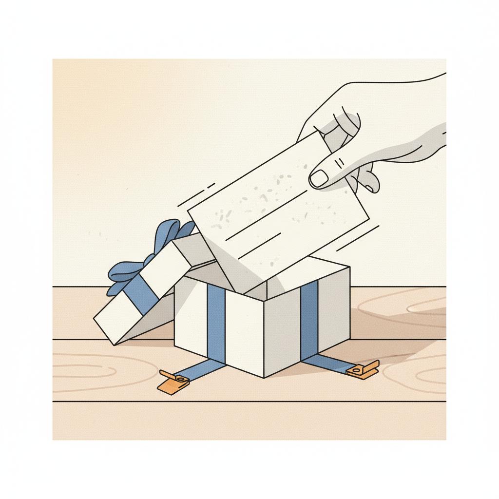 Minimalistische 2D-Vektorillustration einer Geschenkbox mit handgeschriebener Karte auf Holzoberfläche und industriellen Akzenten, warmes Licht – wie bedankt man sich bei erzieherin