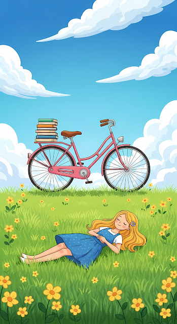 Girl Sleeping Peacefully in a Sunny Meadow with Bicycle - Free mobile Wallpaper