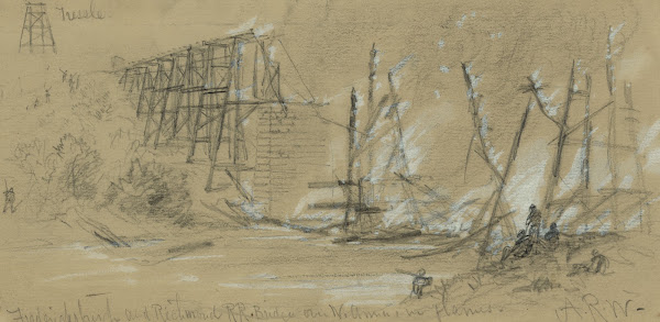Fredericksburgh and Richmond RR Bridge over N Anna in flames 1864