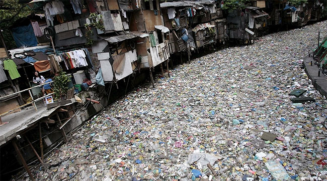 Municipal waste in Citarum River West Java. Protect the environment, Environment disaster, Climate change impact. CarbonEthics Indonesia