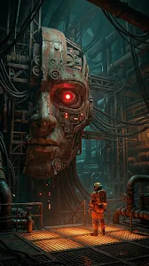 Sci-Fi Scene of an Explorer Before a Massive Cybernetic Face