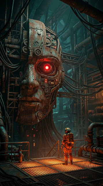 Sci-Fi Scene of an Explorer Before a Massive Cybernetic Face - Free mobile Wallpaper