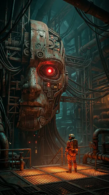 Sci-Fi Scene of an Explorer Before a Massive Cybernetic Face