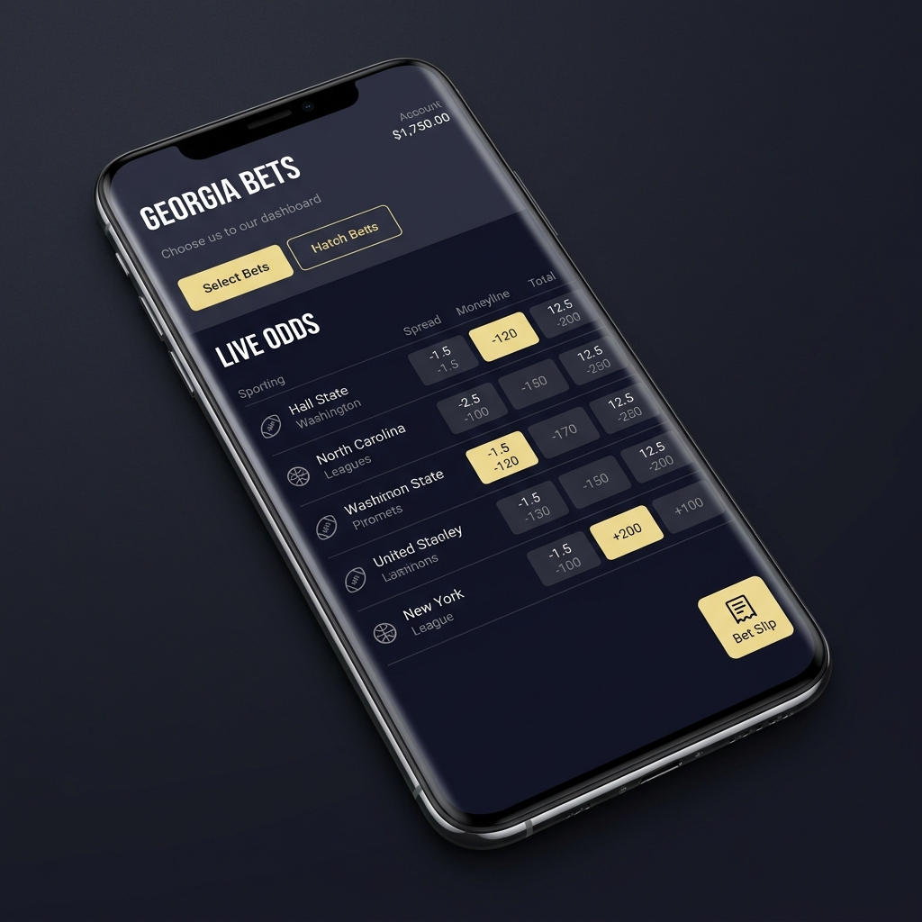 Minimalist smartphone mockup showing a clean betting dashboard for georgia betting apps on a dark Funded Plays branded background with white headlines gray body text and soft gold accents