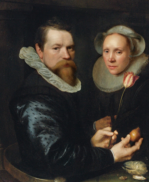 Portrait Of A Husband And Wife He Holding A Tulip And Bulb A Selection Of Shells