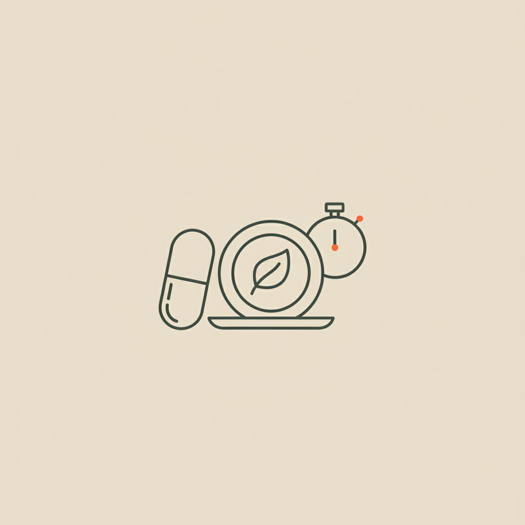 Minimal Tonum-style line illustration of a capsule, plate with a leaf and a small stopwatch on beige background — do planks burn belly fat