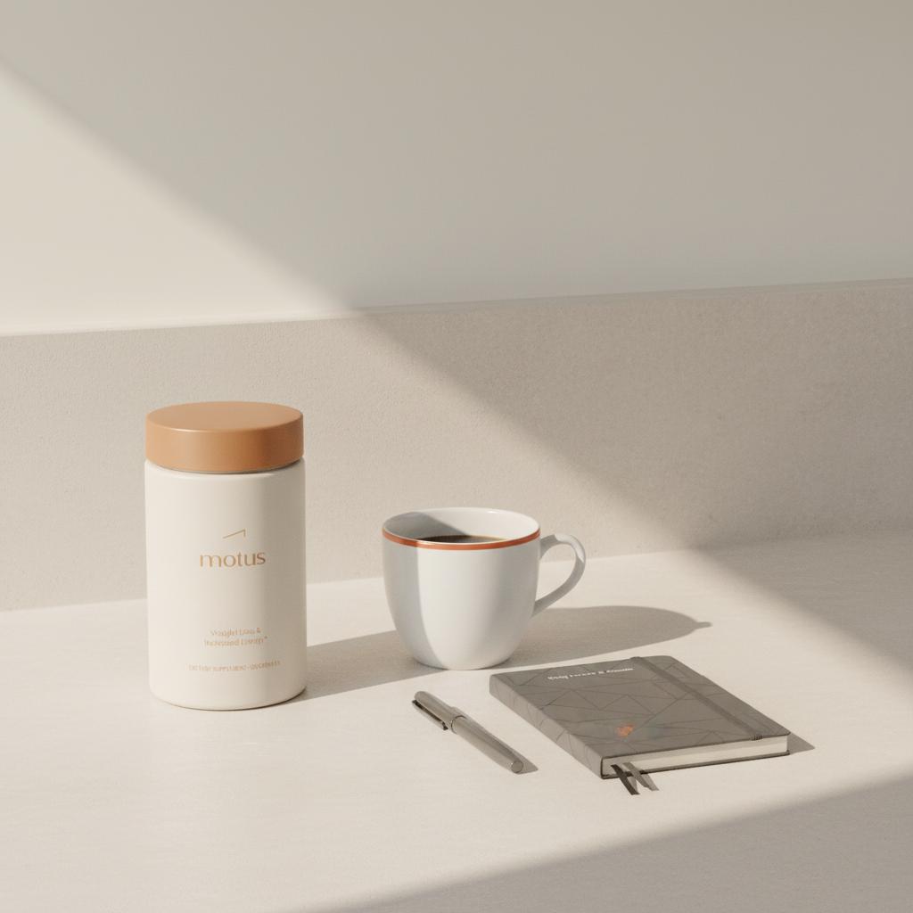 Motus supplement jar on a tidy kitchen counter beside coffee and a notebook, illustrating alpha-lipoic acid dosage for weight loss and a minimalist daily supplement routine.