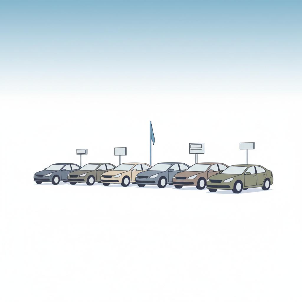 Minimalist 2D vector of a row of varied used cars at a dealership with a small blue accent flag how much is my used car worth