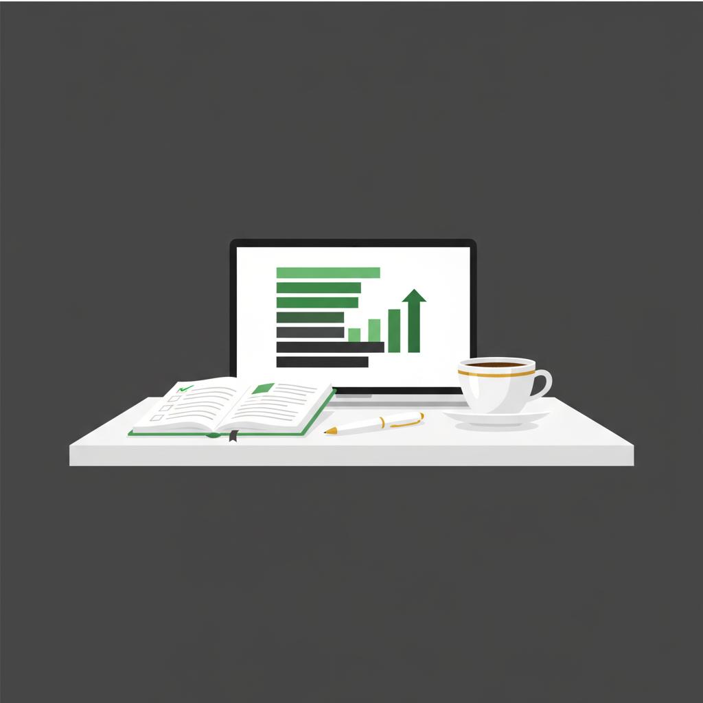 Minimal 2D vector of a tidy finance desk with notebook pen coffee and laptop showing a stylized P and L visualization focused on make $1000 a day trading