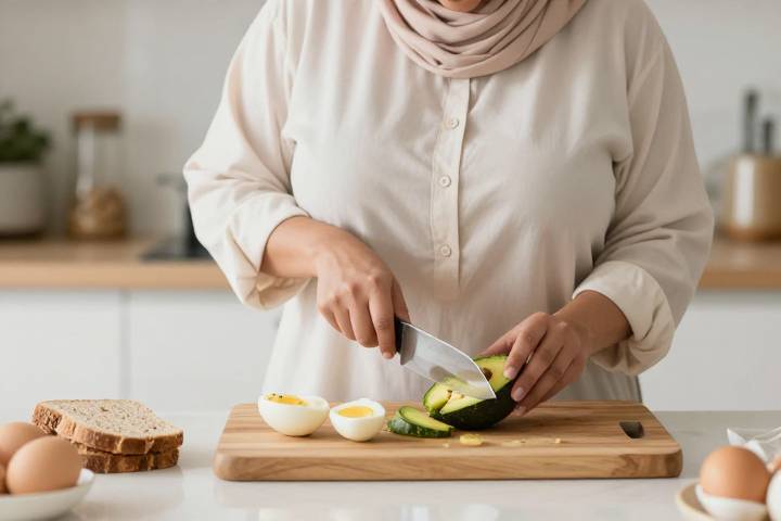 امرأة عربية تقطع الأفوكادو الطازج على لوحة تقطيع خشبية في المطبخ