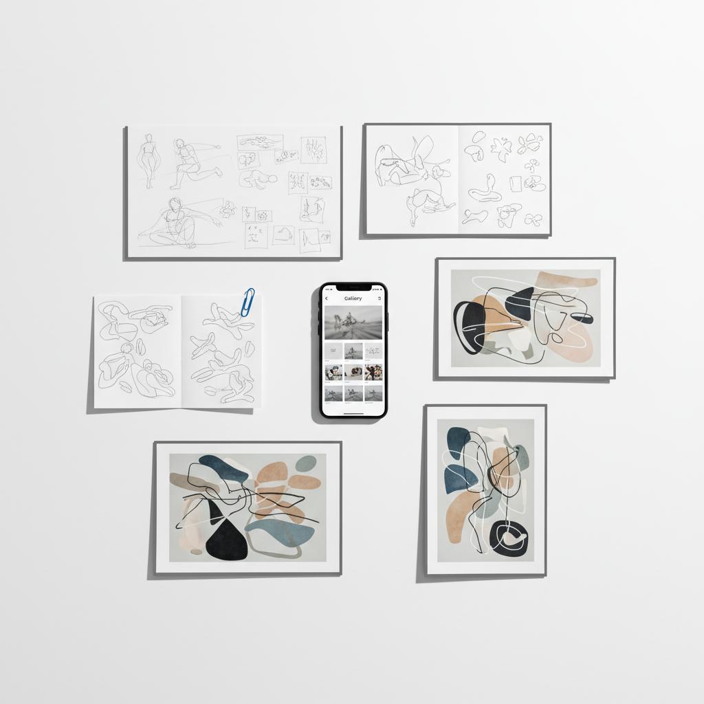 Minimal flat-lay of matte art prints and a smartphone showing a responsive gallery on a white surface with a subtle #1a5bfb ribbon; what is the best website builder for an artist?