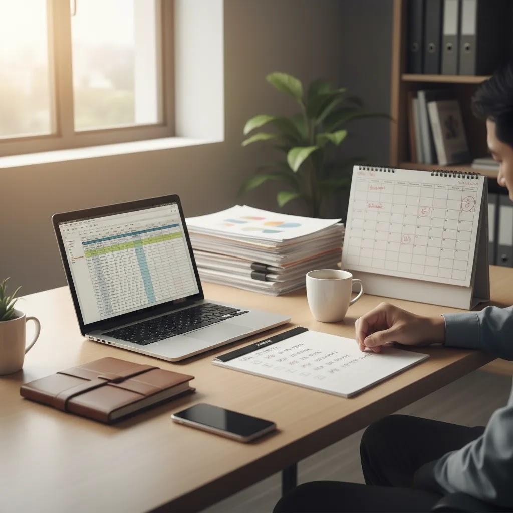 Work stress in Singapore shown through a tidy office desk with laptop, planner, and signs of pressure