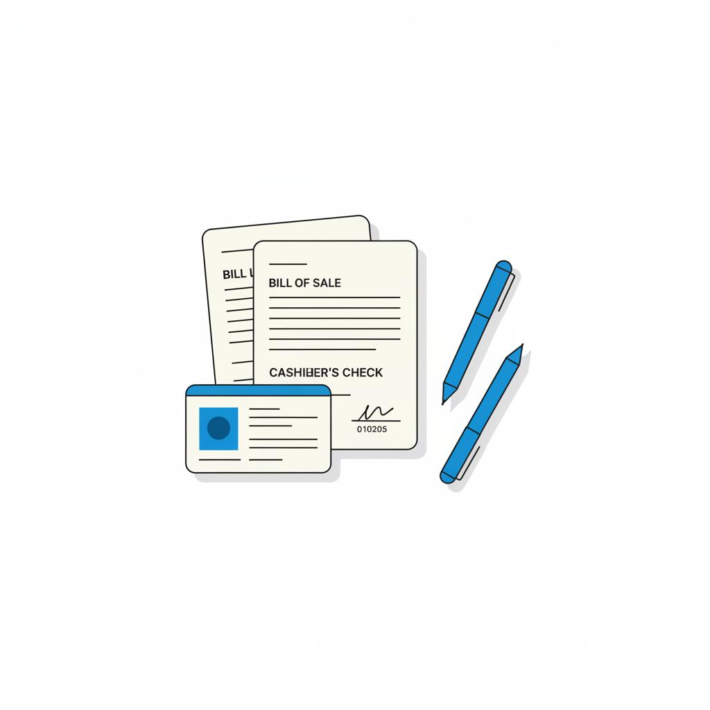 Minimalist 2D vector of a kitchen table with bill of sale cashier check and simplified drivers license card representing a car sale for cheap cars near me