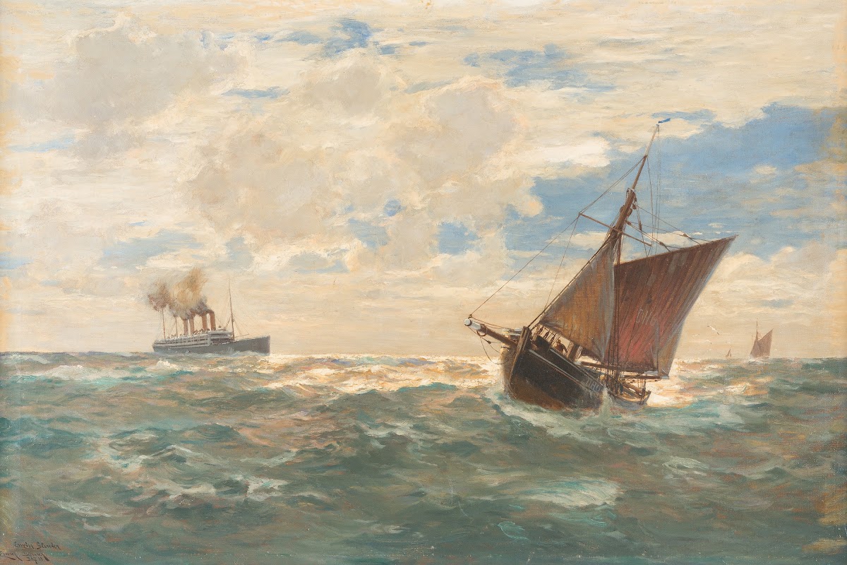 Steamer and sailing boats on open sea 1918