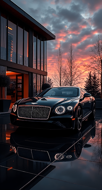 Black Luxury Sports Car Modern Mansion Sunset Glow - Free mobile Wallpaper
