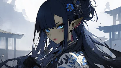 Anime Girls, Blue Hair, Blue Hairpin, Blue Eyes, Pointy Ears 5K Wallpaper Background