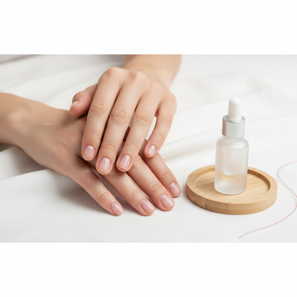 Close-up von Händen auf weißem Leinen mit gesunden Nägeln und Tropf‑Serum auf Holzuntersetzer – Thema brüchige Nägel Ernährung