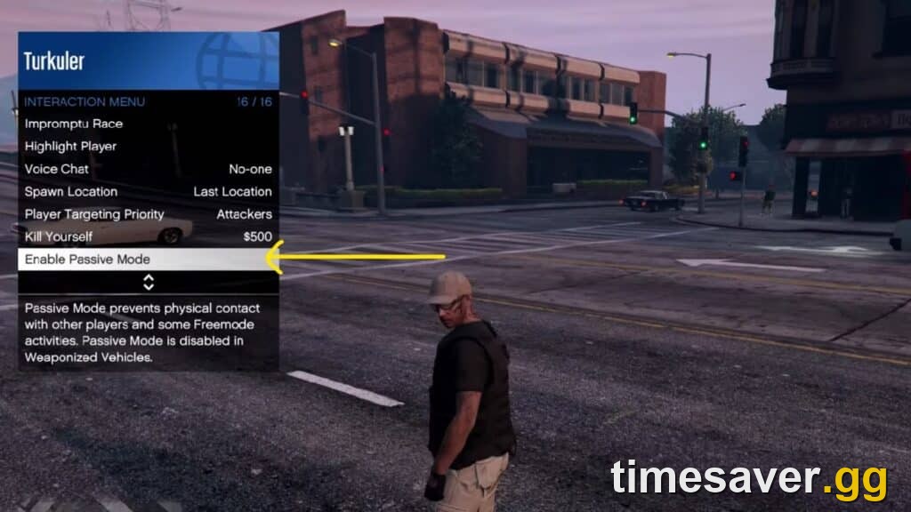 The GTA Online Interaction Menu open on the Enable Passive Mode option, used to avoid other players