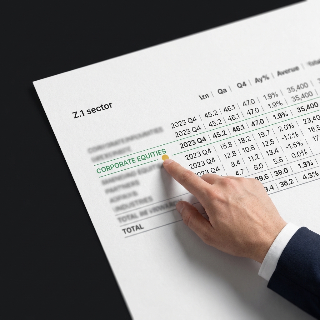 Close up of a printed Z.1 sector table row with a hand pointing at the corporate equities line minimalist dark background green highlight stock market basics