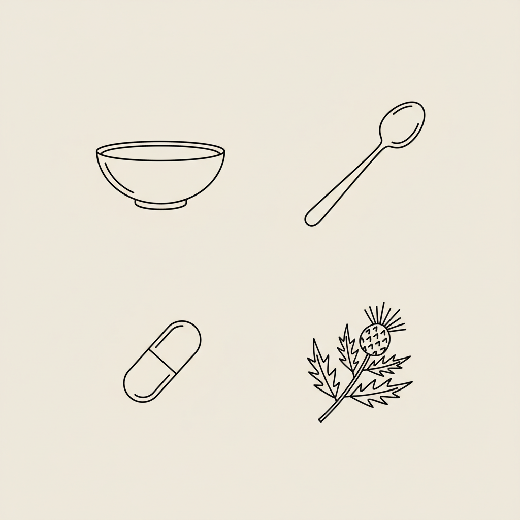 Minimal Tonum-style vector line illustration of a bowl, spoon, capsule and milk thistle sprig on beige background for best protein meal replacement shakes