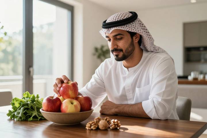 رجل عربي يختار طعامًا صحيًا في المنزل