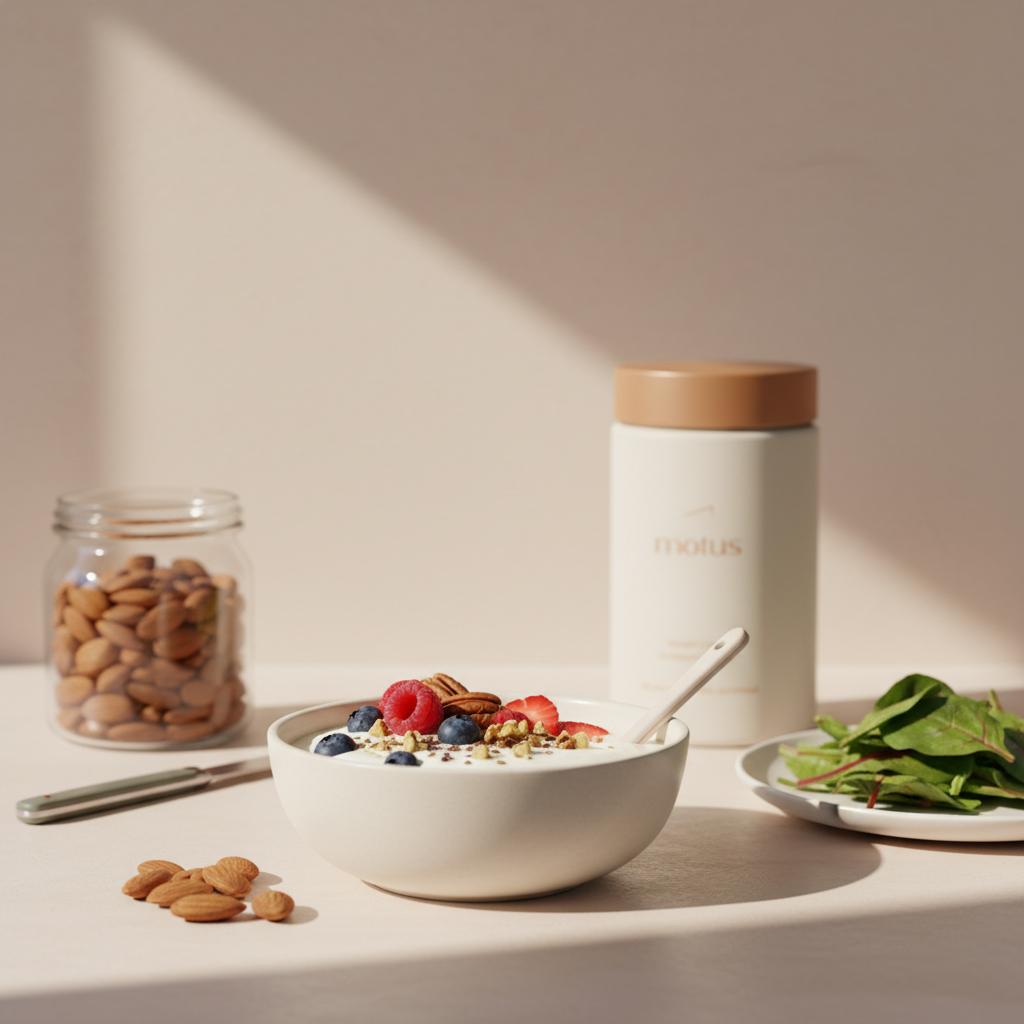 Minimalist kitchen breakfast with yogurt bowl, berries, almonds, mixed greens and Tonum Motus jar on counter, vitamins for sugar cravings.