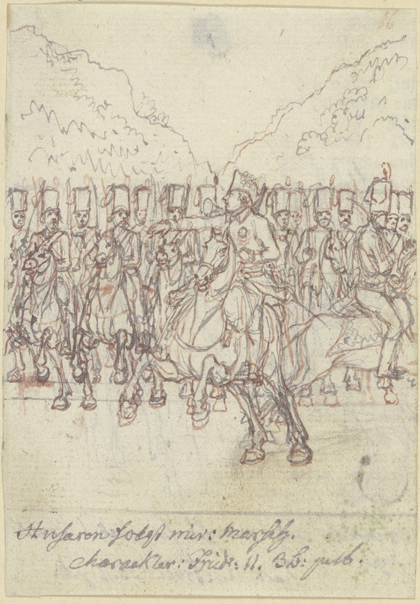 Friedrich der Große zu Pferde vor einer Gruppe von Husaren ca 1800