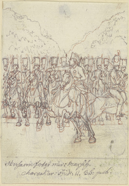 Friedrich der Große zu Pferde vor einer Gruppe von Husaren ca 1800