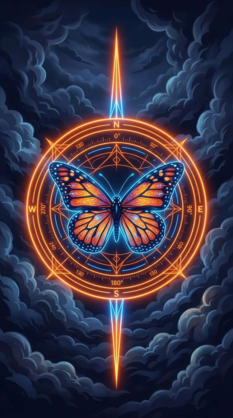 Monarch Butterfly with Glowing Neon Orange Compass and Geometric Rings - Free 4K mobile Wallpaper