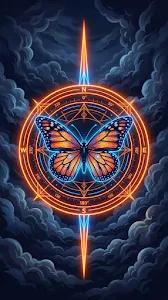 Monarch Butterfly with Glowing Neon Orange Compass and Geometric Rings