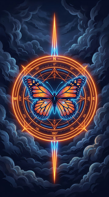 Monarch Butterfly with Glowing Neon Orange Compass and Geometric Rings - Free mobile Wallpaper
