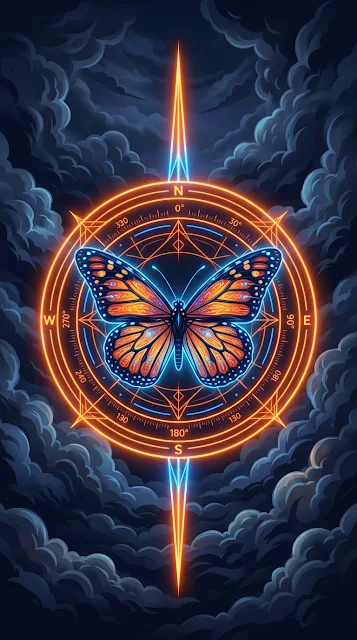 Monarch Butterfly with Glowing Neon Orange Compass and Geometric Rings