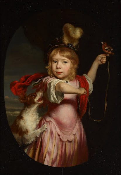 Portrait of a Boy in Classical Dress with a Bullfinch and Spaniel c 1670