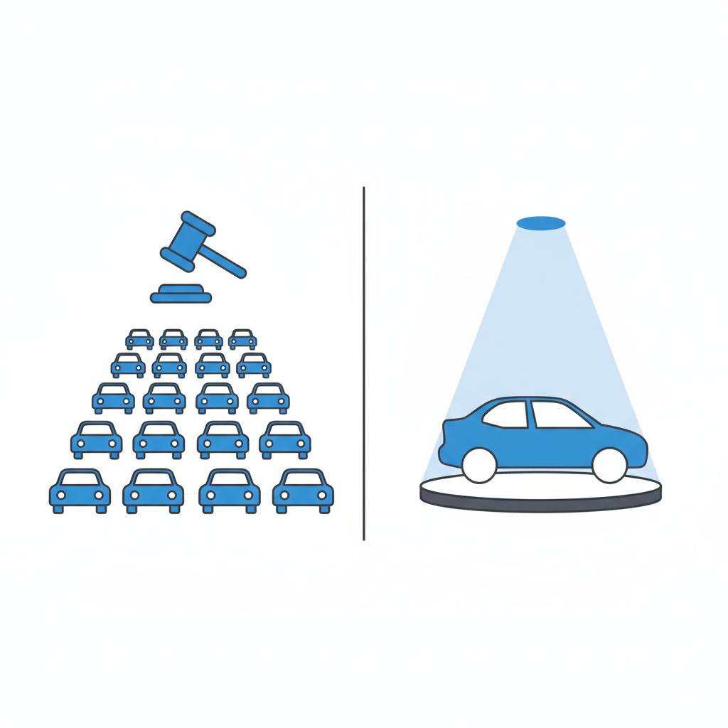 Minimal 2D vector split screen of auction floor icons left and dealer showroom display right illustrating retail versus wholesale contexts car value estimator
