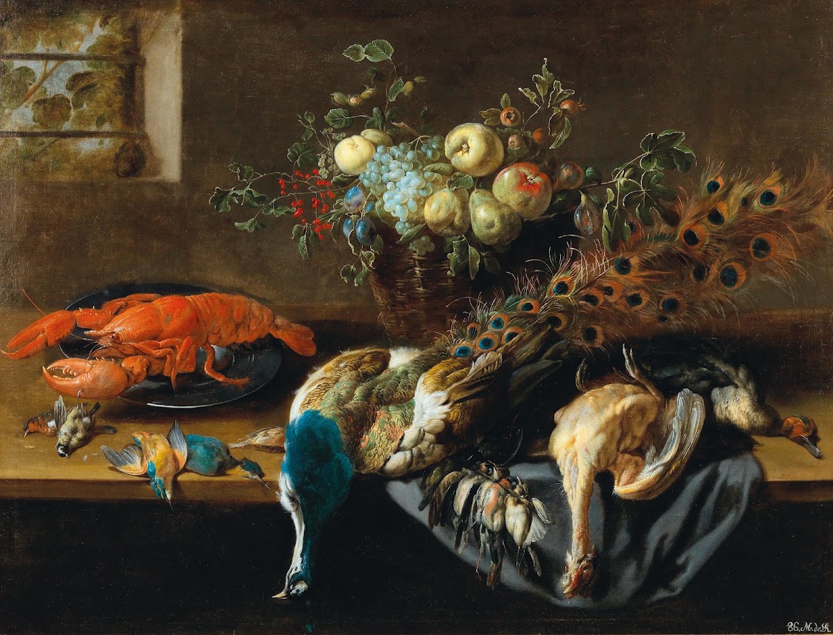A still life with a peacock fruit a lobster and bird