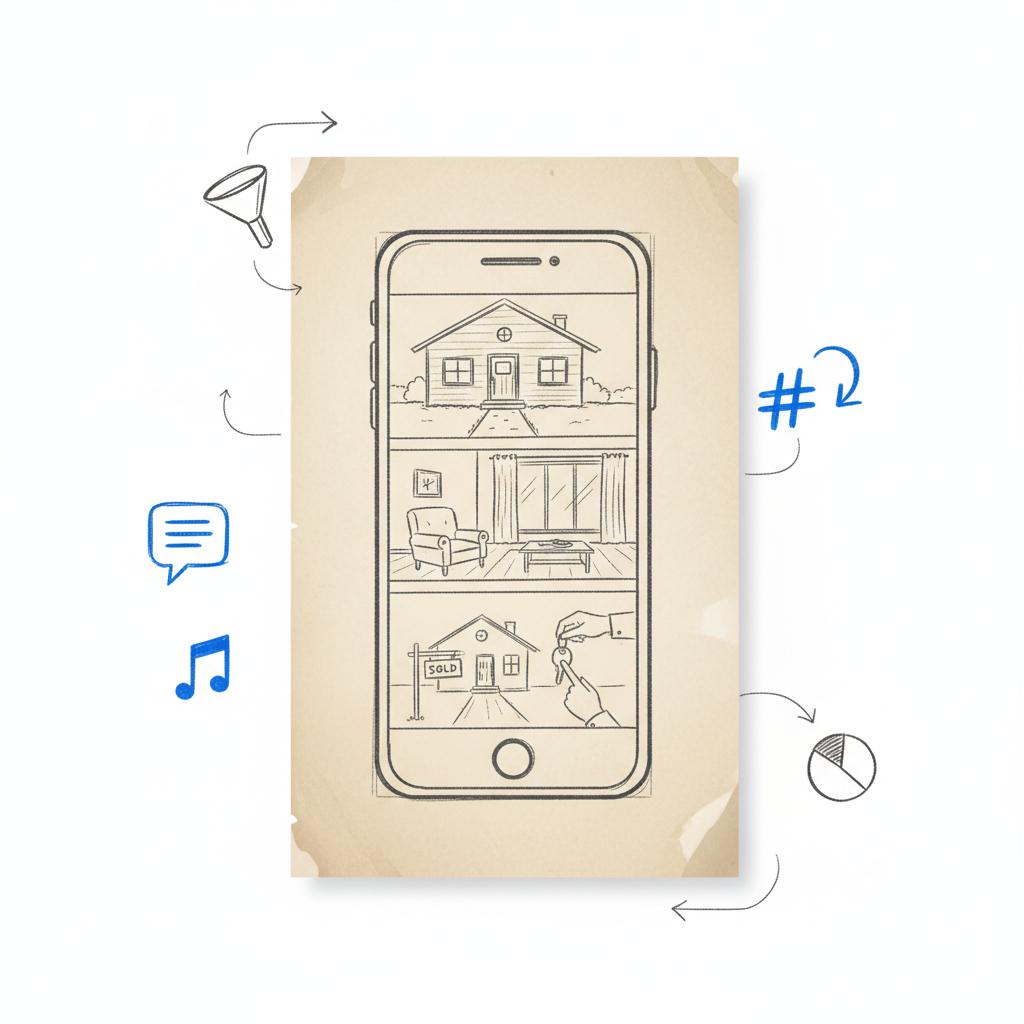 Close-up parchment sketch of a vertical smartphone storyboard (entry, kitchen, backyard) with blue audio, caption and hashtag icons &mdash; promote real estate on TikTok