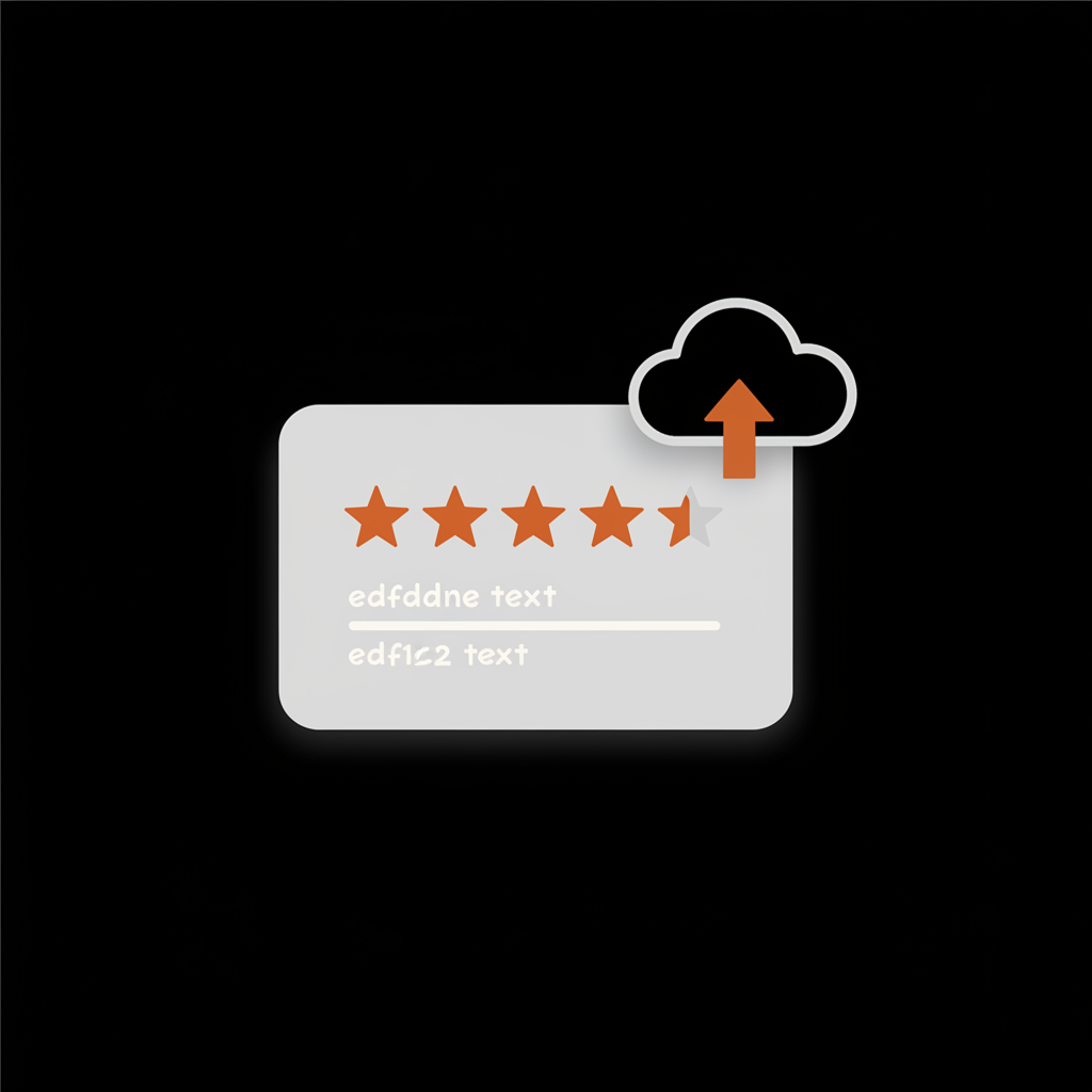 Minimal vector review card with five stars uploading to a cloud drive on black background in Social Success Hub colors — delete Google account reviews