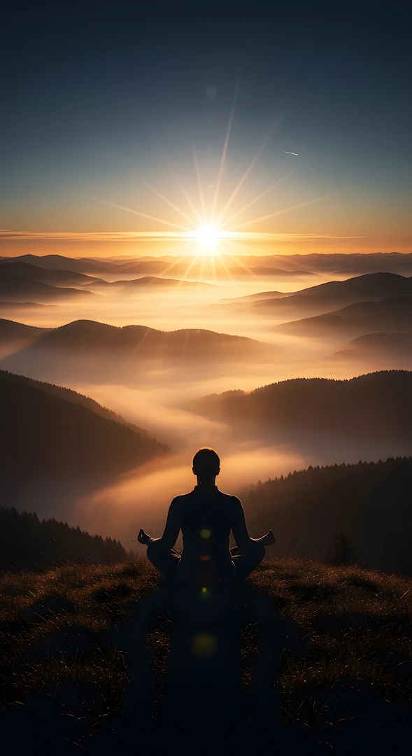 Silhouette of Person Meditating Over Foggy Golden Valley Sunrise