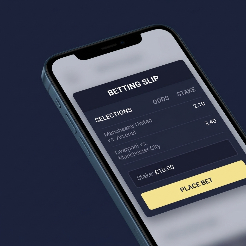Close up smartphone bet slip screen showing selections stake field and place bet button on dark Funded Plays style background www bet 9ja com