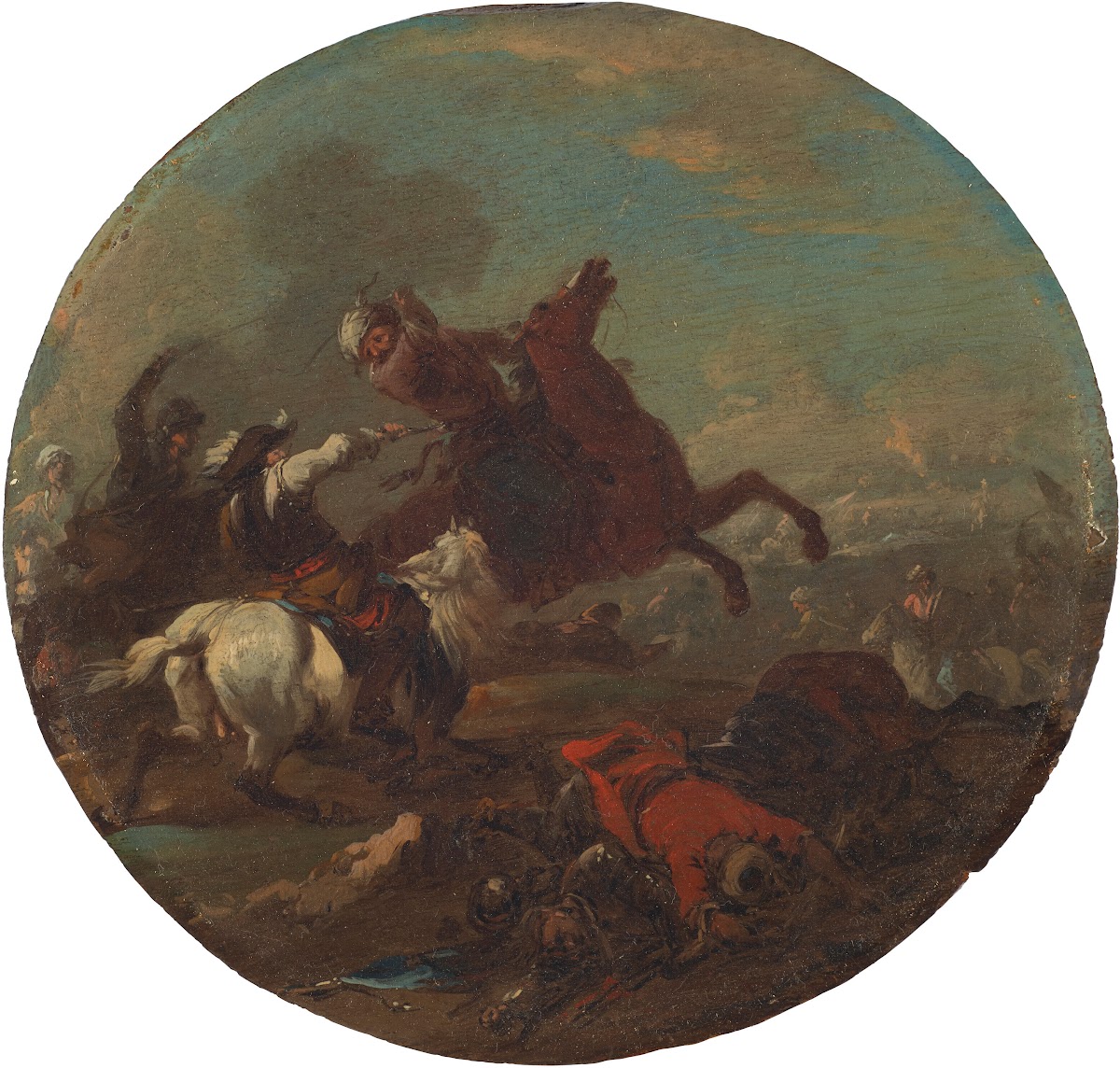 A battle scene with fallen soldiers