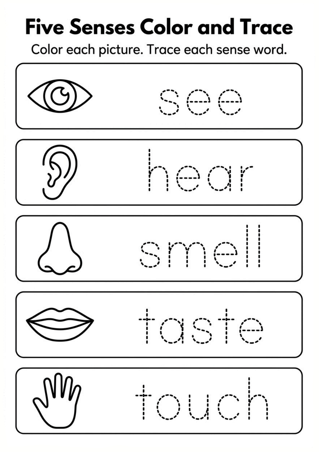 Five Senses Color and Trace Worksheet