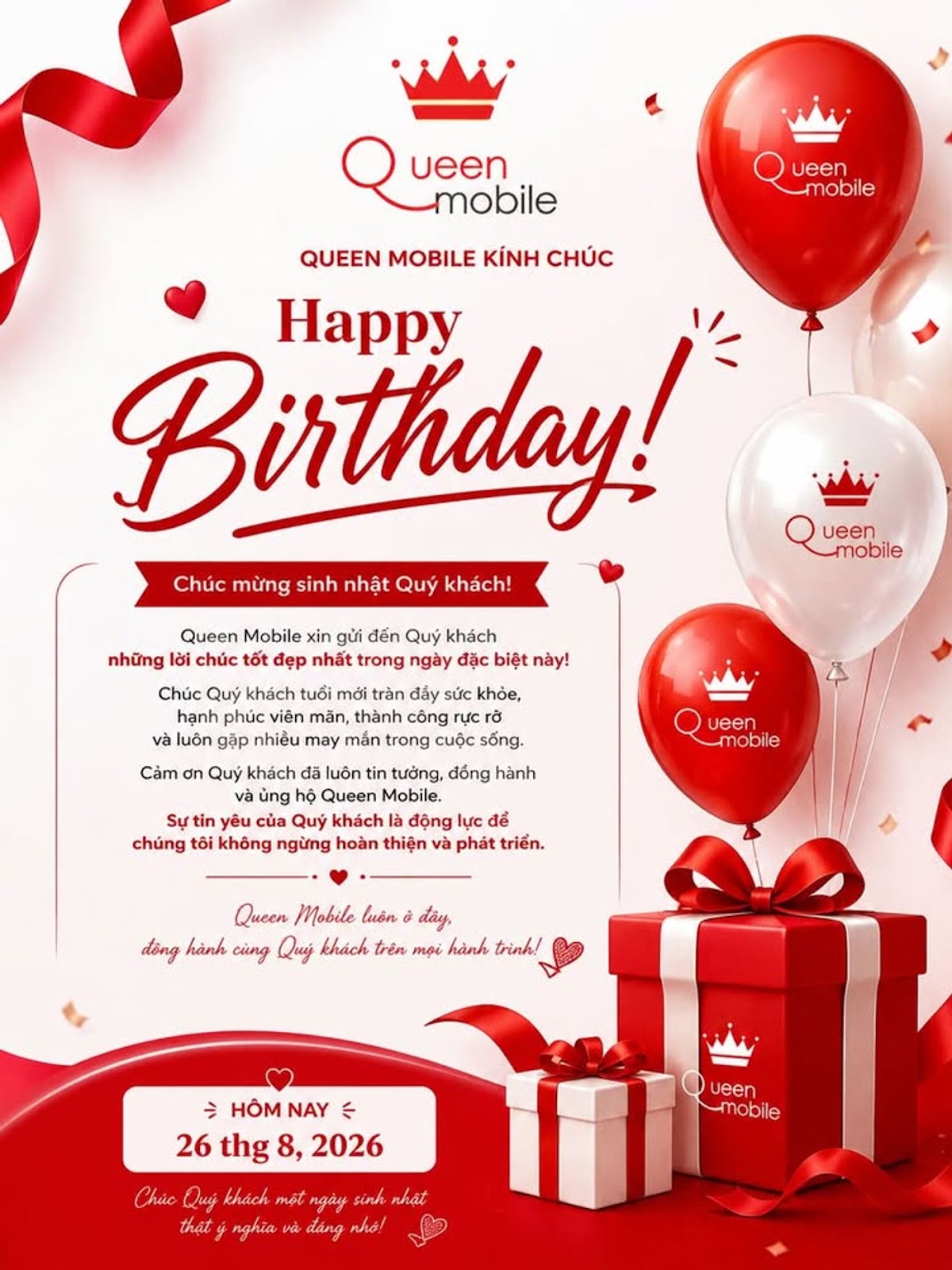 CHÚC MỪNG SINH NHẬT – 26/08/2026 

 Nhân ngày sinh nhật, Queen Mobile xin gửi đ...