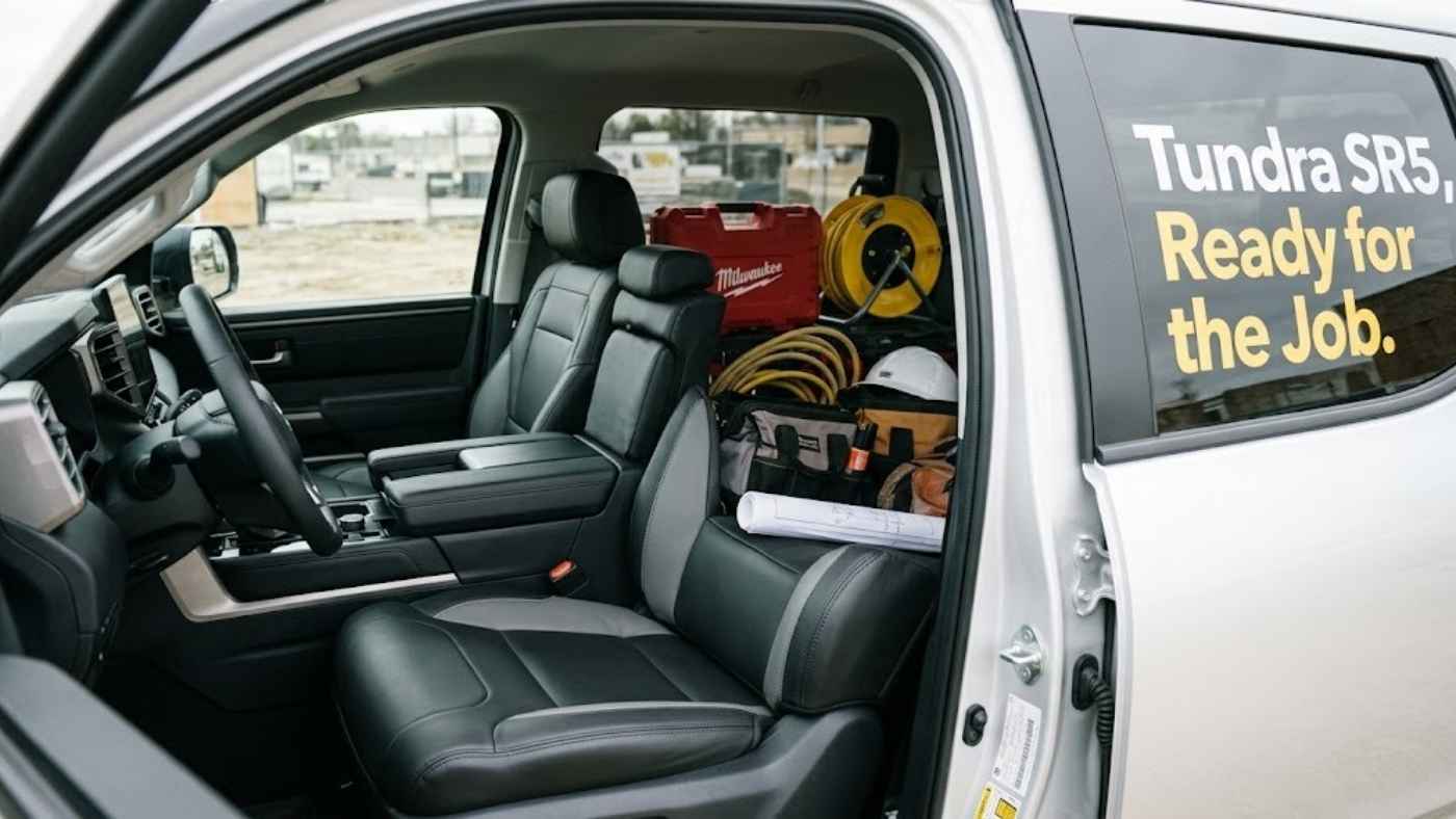 Custom-style eco-leather seat covers installed in a 2027 Toyota Tundra SR5