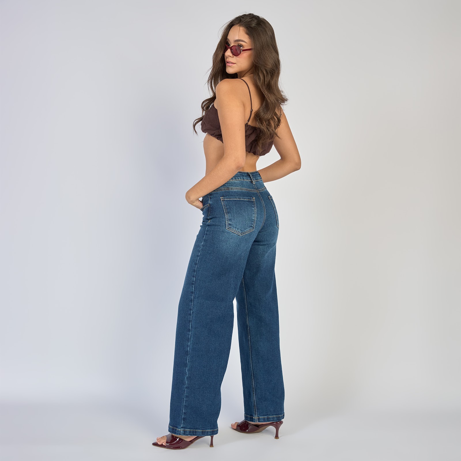 Jean dama wide leg tiro alto licrado, color Azul oscuro - Vista 3