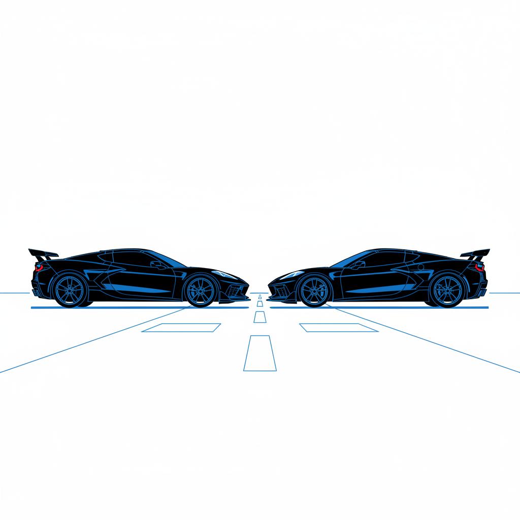 Side profile 2d vector of a zr1 corvette for sale parked next to a z06 on a runway illustrating scale and aerodynamic differences on a white background with blue accents