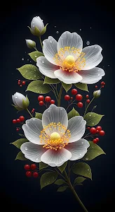 Translucent White Flowers and Red Berries on Dark Background
