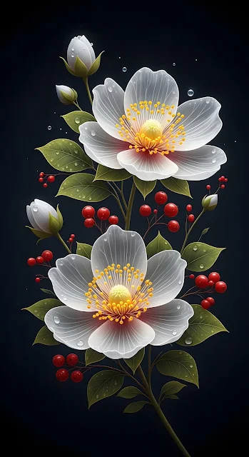 Translucent White Flowers and Red Berries on Dark Background