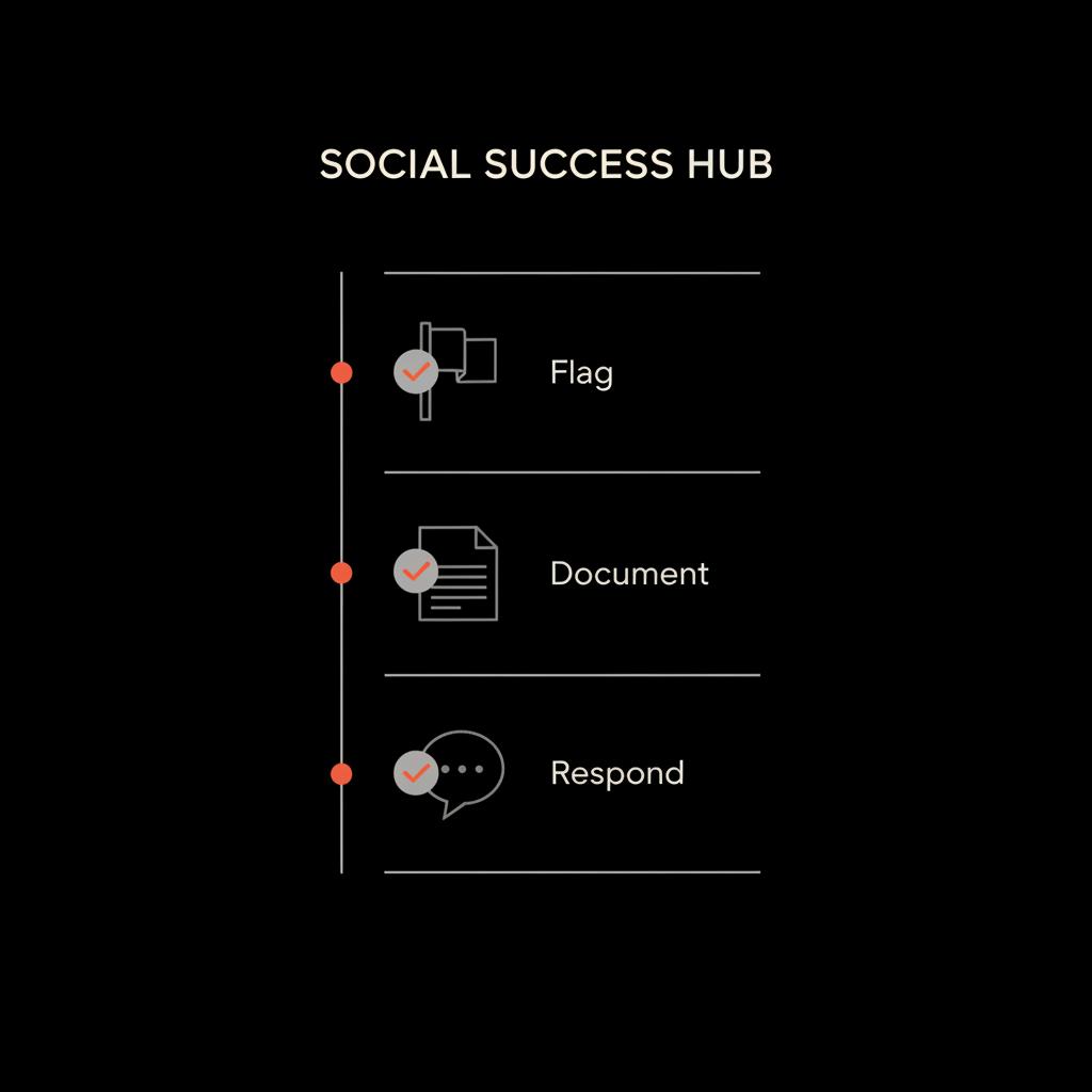 Minimal full-frame checklist infographic with three vector icons labeled Flag, Document, Respond on black background, gray icons and orange accents for Yelp review removal guidance.